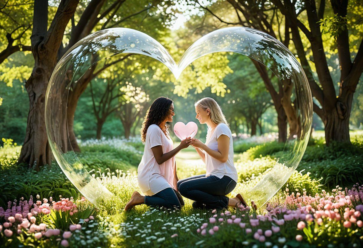 A serene scene depicting a symbolic heart encased in a protective shield, surrounded by diverse pairs of people engaging in supportive activities, illustrating strong relationships. Soft, warm colors evoke feelings of safety and trust, enhancing the theme of love and protection provided by insurance. Include gentle nature elements like blooming flowers and soft sunlight filtering through trees. vibrant colors. soft focus.