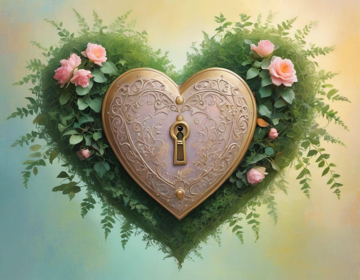 A heart-shaped shield encircled by intertwining vines symbolizing love and commitment, radiating warm light. Include soft pastel colors and subtle textures to enhance the emotional aspect, with a serene background representing safety and protection. The shield should have delicate engravings of locks and keys, emphasizing security in relationships. dreamy illustration. vibrant colors. soft focus.