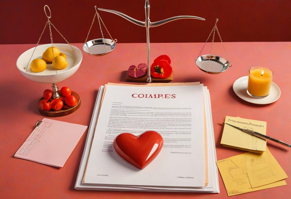 A symbolic representation of underwriting risks in partnerships, featuring a balanced scale holding a heart on one side and policy documents on the other. In the background, diverse couples building connections with a warm, collaborative atmosphere. Bright colors to evoke affection and trust. super-realistic. vibrant colors. soft focus.
